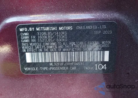 2024 Mitsubishi Mirage G4 Es z USA, uszkodzony, nr VIN ML32FUFJ3RHF04531
